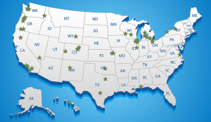 Image of the U.S. map with stars placed on it to indicated locations of PAVE partner campuses