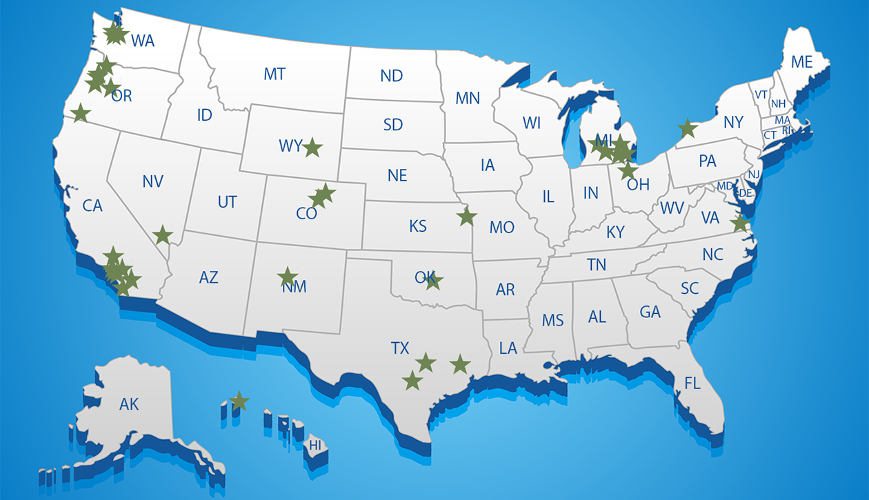 U.S. map with stars on the locations where PAVE partner campuses are