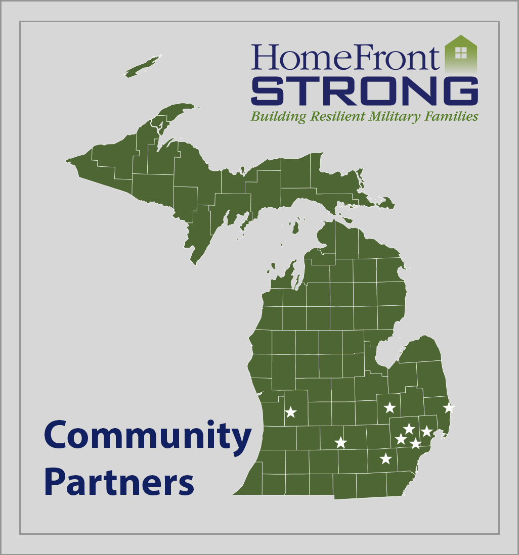 Image of the map of Michigan with stars on it indicating sites around the state where the HomeFront Strong program has been delivered