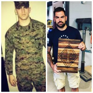 Two photos of Marine Corps veteran Dan Patrick; One from him in uniform in the mid-200s, the other of Patrick more recently
