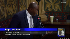 Still photo of Rep. Joe Tate proclaiming June Buddy-to-Buddy Month in the Michigan House of Representatives