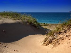 A photo of sand dunes overlooking late Michigan in late summer
