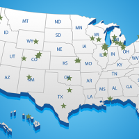 Image of the U.S. map with stars placed on it to indicated locations of PAVE partner campuses